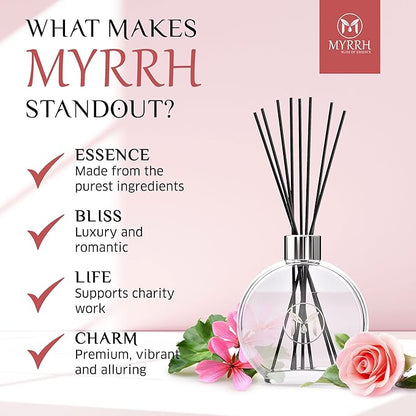 English Roses Scented Reed Diffuser Set with 8 Rattan Diffuser Sticks, 150 ml, All Natural Air Freshener, Long-Lasting Diffusers at Home - MyrrhUSA