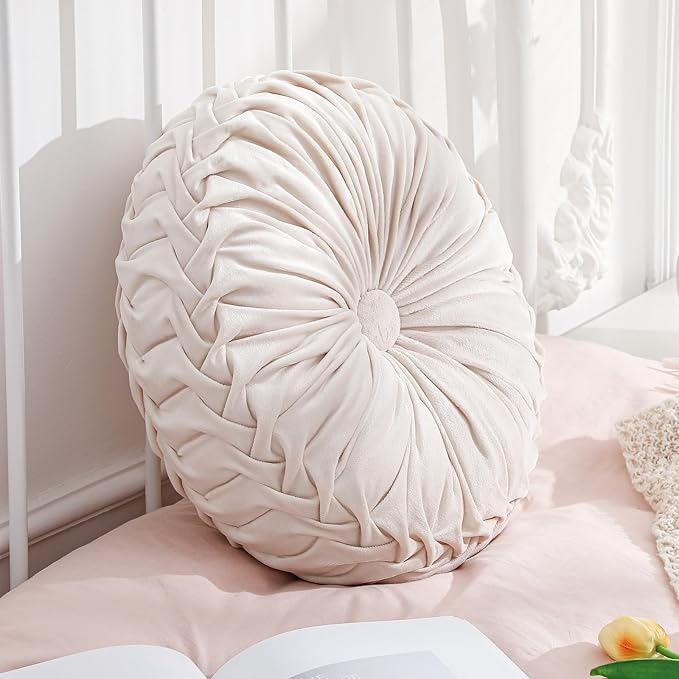 Round Throw Pillows Decorative Pleated Throw Pillows 15'' Diameter Accent Pumpkin Boho Chair Cushion for Couch Sofa Home Decoration(Velvet,Beige,1 Pcs)