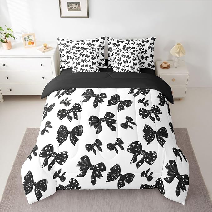 Erosebridal Black Bowknot Girls Kids Full Comforter Set 7 Pieces | White Polka Dots Bed in A Bag for Bedroom Kawaii Ribbon Bow Bedding Set with Comforters Teens Women Room Decor