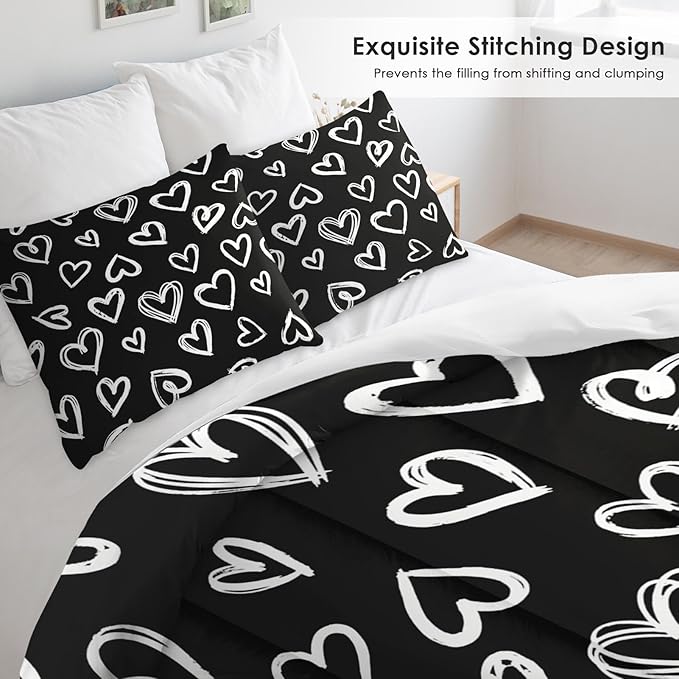 Comforter Set Queen Size, Love Valentine Cute Soft 3 Pcs Bedding for Kids and Adults, Polka Heart Black White Comforter Set with 2 Pillowcases, for Bedroom Bed Decor