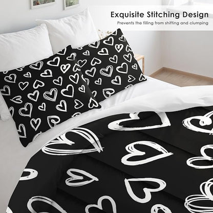 Comforter Set King Size, Love Cute Valentine Soft 3 Pcs Bedding for Kids and Adults, Polka Heart White Comforter Set with 2 Pillowcases, for Bedroom Bed Decor