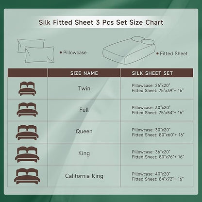 THXSILK 6A+ Top Grade 100% Pure Mulberry Silk Twin Fitted Sheet 3Pcs Set Bed Sheets Luxury Bedding for Hair and Skin Health Breathable Cooling, 1 Fitted Sheet with 2 Pillowcases, Emerald Green