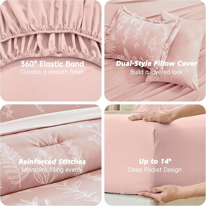 MUXHOMO Cameo Pink Bed in a Bag King 7 Pieces, King Comforter Set Reversible Botanical Flowers Design, Ultra Soft & Breathable Bedding Sets with Comforter, Sheets, Pillowcases & Shams