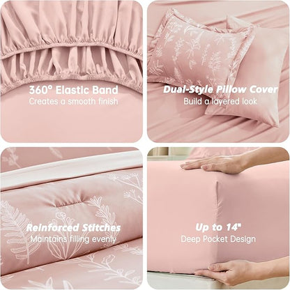 MUXHOMO Cameo Pink Bed in a Bag King 7 Pieces, King Comforter Set Reversible Botanical Flowers Design, Ultra Soft & Breathable Bedding Sets with Comforter, Sheets, Pillowcases & Shams