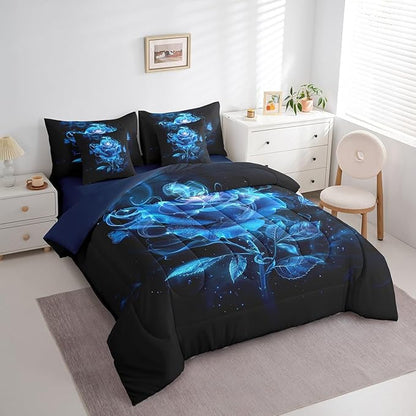 Erosebridal Black Blue Rose King Comforter Set with Sheets for Women Girls,Trippy Rose Flower Bedding Set for Couples Bedroom Decor,Butterfly 7 Piece Bed in a Bag Valentines Day Wedding Gifts