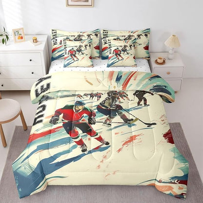 Erosebridal Ice Hockey Bed in A Bag King | Competitive Games Athletic 7 Piece Comforter Set Sports Theme Puck Player Sheet Set Teamwork Sports Game Fitted Sheet Breathable Lightweight