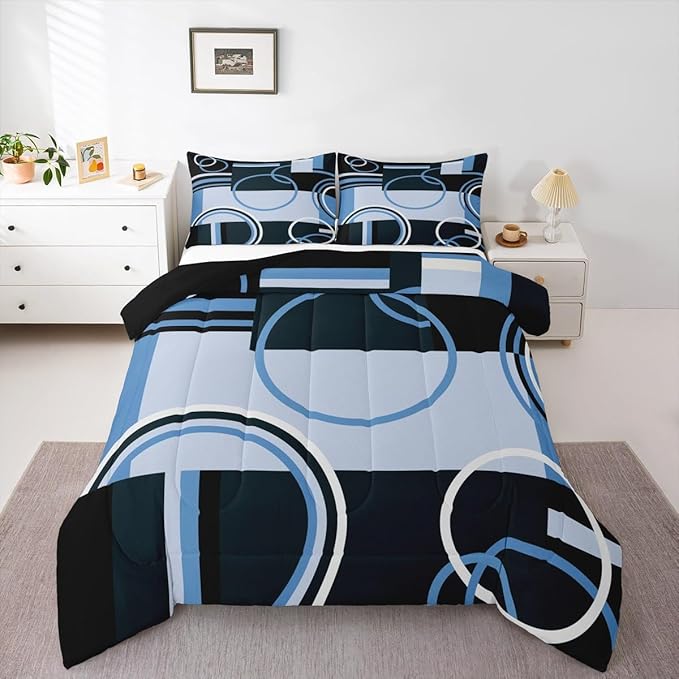 Retro Blue Grey Black Comforter Queen Abstract Stripes Circles Bedding Set for Kids Teens Adult Square Spiral Quilt Geometric Plaid Duvet Insert Graphic Artwork Quilted Comforter All Season