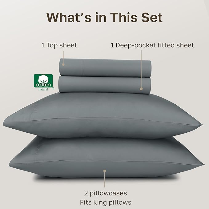 California Design Den 100% Egyptian Cotton Sheets California King Size Set - Certified Authentic Luxury, Soft Sateen, Deep Pockets, Breathable and Durable Bedding Sheets & Pillowcases Set - Grey