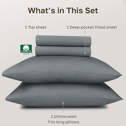 California Design Den 100% Egyptian Cotton Sheets King Size Bed Set - Certified Authentic Luxury, Soft and Durable Sateen, Deep Pocket King Size Egyptian Cotton Sheets Set - Grey