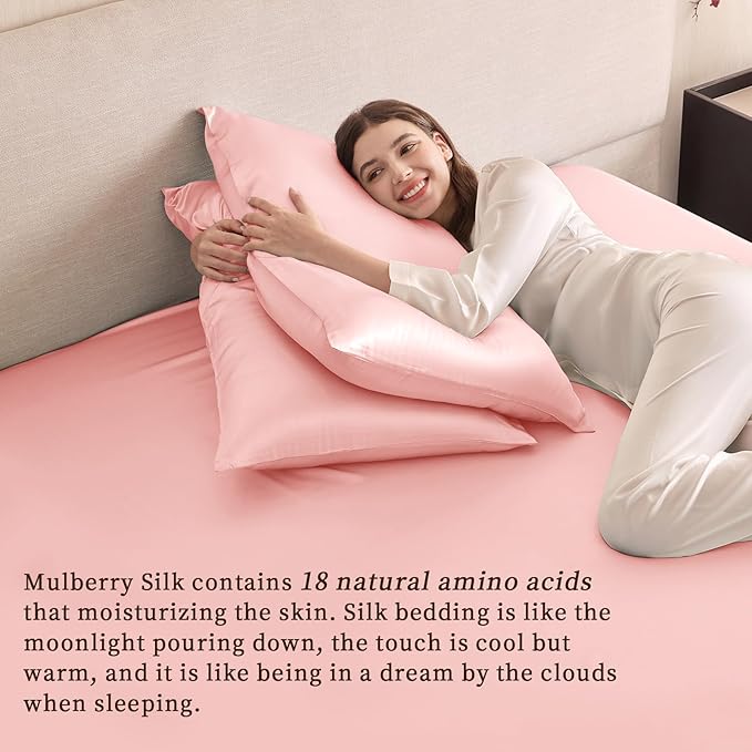 THXSILK 6A+ Top Grade 100% Pure Mulberry Silk King Fitted Sheet 3Pcs Set Bed Sheets Luxury Bedding for Hair and Skin Healthy Natural Materials, 1 Fitted Sheet with 2 Pillowcases, Charming Pink