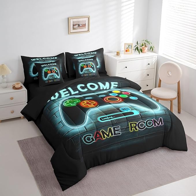jejeloiu Teal Gamer Gaming 7 Piece Bedding Set King Size for Boys Game Console Comforter Set with Sheets Kids Teens Neon Light Bed in a Bag Cool Game Room Decor Bed Set