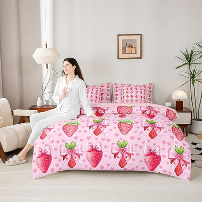 Erosebridal Bowknot Strawberry Pink Girls King 7-Piece Comforter Set | Love Hearts Kawaii Sheets and Pillowcases Cute Fruits Bow Bed in A Bag Kids Girly Women Bed Sets