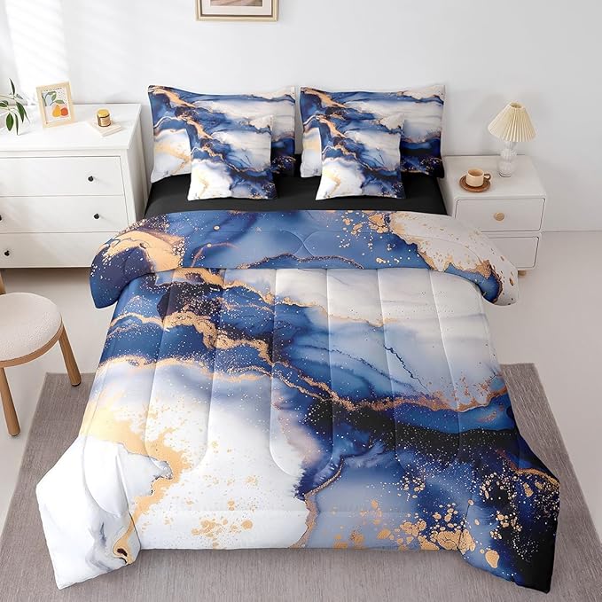 Navy Blue Watercolor Queen Comforter Set 7 Pieces Aesthetic Marble Bedding Comforter Sets, Modern Abstract Foil Print Bed in a Bag Marbling Printed Bedding Set , Stone Pattern Bed Sheets Set