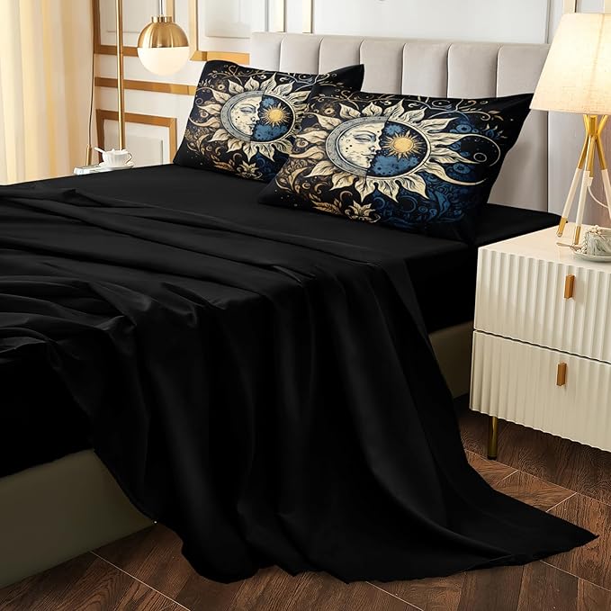 Sun and Moon Comforter Set Black Boho Bedding Set Celestial Galaxy Starry Space Bedding Comforter Mandala Exotic Black Bed in A Bag Full Size