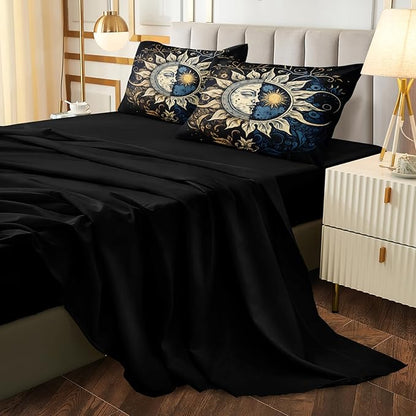 Sun and Moon Comforter Set Black Boho Bedding Set Celestial Galaxy Starry Space Bedding Comforter Mandala Exotic Black Bed in A Bag Queen Size