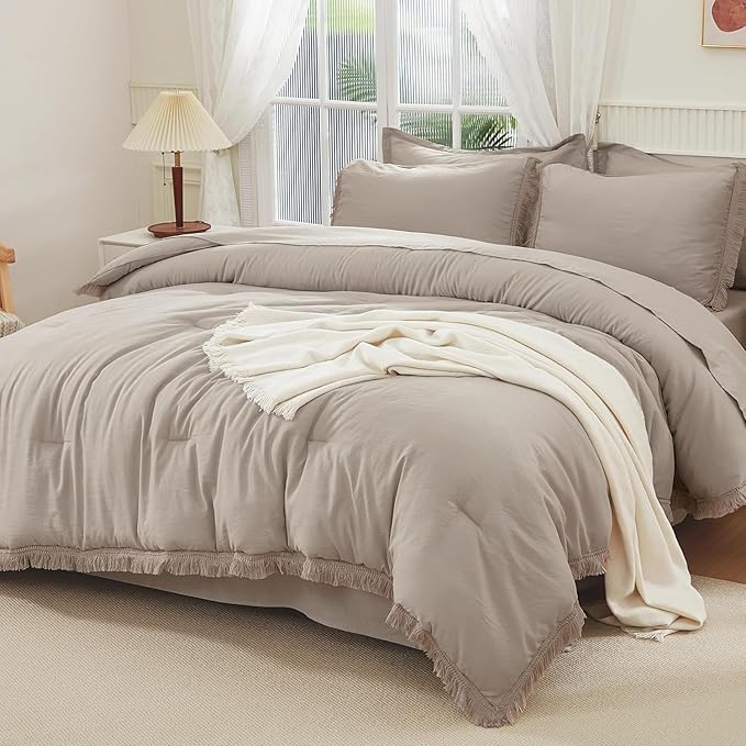 Andency Oversized King Comforter Set with Sheets 128x120 Wheat - 7 Pieces Bed in a Bag Boho Soft Lightweight Bedding Sets, Tassel Bed Set with Comforter, Sheets, Pillowcases & Shams