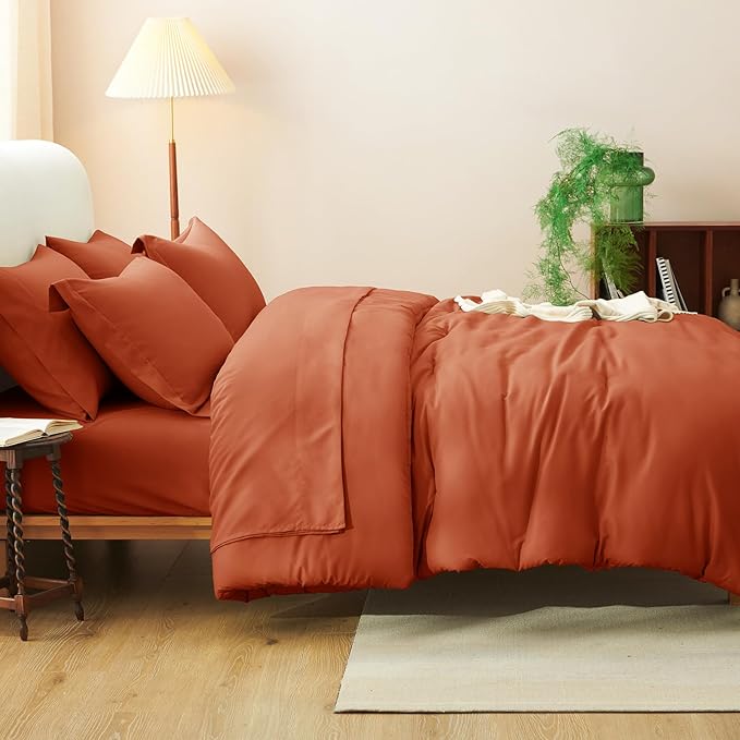 CozyLux King Comforter Set Burnt Orange, 7 Pieces Bed in a Bag Terracotta Comforter Set with Sheets, All Season Boho 7PC Bed Sets with Comforter, Fitted Sheet, Flat Sheet, Pillow Shams and Pillowcases