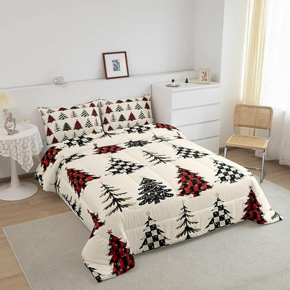 Christmas Tree Bedding Set Full Size,Red White Black Grid Patchwork Comforter Set,Snowflake Xmas Tree Quilt Set for Kids Girls Boys Teens Room Decor,Rustic Beige Duvet Insert,2 Pillowcases