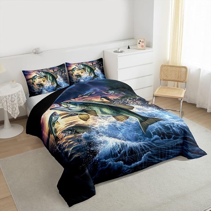 Erosebridal Bass Fishing King Bedding Set - Pike Fish Fisherman Comforter Set for Boys Kids Teen | Lake House Theme Quilt | Rustic Farmhouse Cabin Bedroom Decor with 2 Pillowcases
