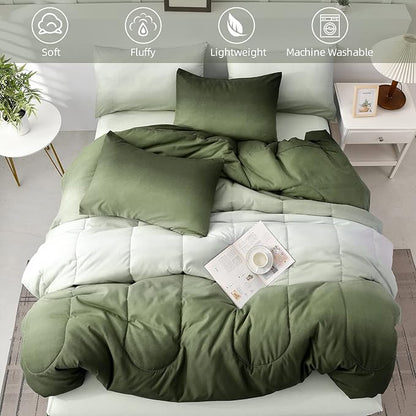 7 Pieces Olive Green King Comforter Set - Lightweight Gradient Dark Green Bed in a Bag Set, All Season Down Alternative Complete Bedding Set with Flat/Fitted Sheet, 2 Pillowcases and 2 Pillow Shams