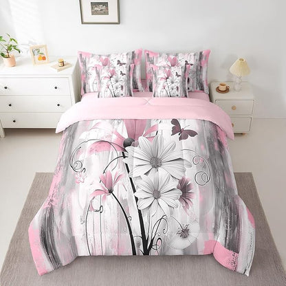Feelyou Girls Daisy Flower Comforter Set with Sheets King Size 7 Pieces Kids Vintage Floral Butterfly Bedding Set for Boys Women Teens Pink Grey White Simple Modern Abstract Art Bed in a Bag