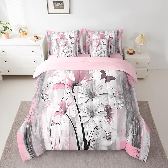 Feelyou Girls Daisy Flower Comforter Set with Sheets Full Size 7 Pieces Kids Vintage Floral Butterfly Bedding Set for Boys Women Teens Pink Grey White Simple Modern Abstract Art Bed in a Bag