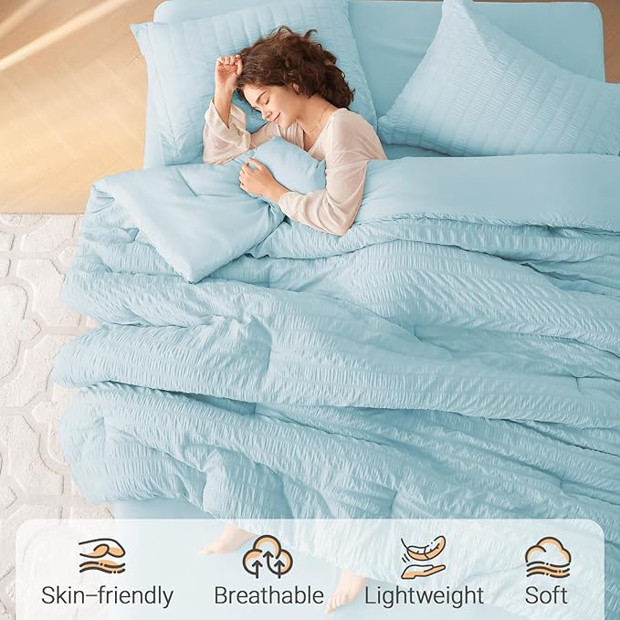 MUXHOMO 7 Pieces King Comforter Set, Seersucker Bed in a Bag King Size, All Season Luxury Bedding Set with Comforter, Flat Sheet, Fitted Sheet, Pillowcases & Shams, Lake Blue