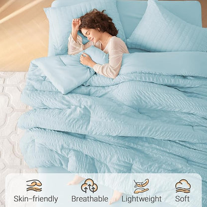 MUXHOMO 7 Pieces King Comforter Set, Seersucker Bed in a Bag King Size, All Season Luxury Bedding Set with Comforter, Flat Sheet, Fitted Sheet, Pillowcases & Shams, Lake Blue