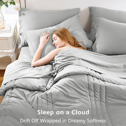 CozyLux King Comforter Set - 7 Pieces Bed in a Bag Light Grey Comforter Set with Sheets Luxury Bed Set All Seasons, Soft Bedding Set with Down Alternative Comforter, Sheets, Pillowcases & Shams