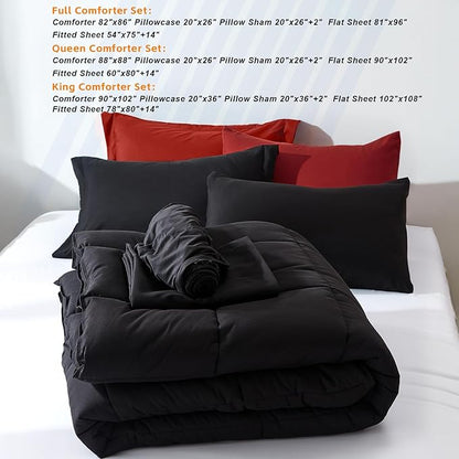 COZYART King Comforter Set 7 Pcs, Black and Red Bed in a Bag, All Season Lightweight Soft Reversible Bedding Sets, 1 Comforter, 1 Flat Sheet, 1 Fitted Sheet, 2 Pillow Shams, 2 Pillowcases