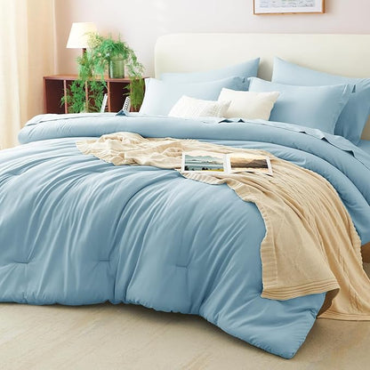 CozyLux Queen Comforter Set Light Blue, 7 Pieces Bed in a Bag Queen Comforter Set with Sheets, Soft Bedding Sets with Down Alternative Comforter, Fitted Sheet, Flat Sheet, Pillow Shams and Pillowcases