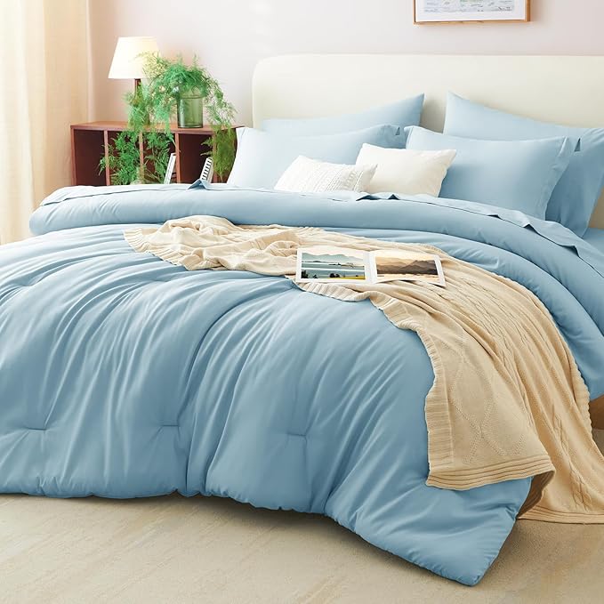 CozyLux Full Size Comforter Set Light Blue, 7 Pieces Bed in a Bag Full Comforter Set with Sheets, Bedding Set with Down Alternative Comforter, Fitted Sheet, Flat Sheet, Pillow Shams and Pillowcases