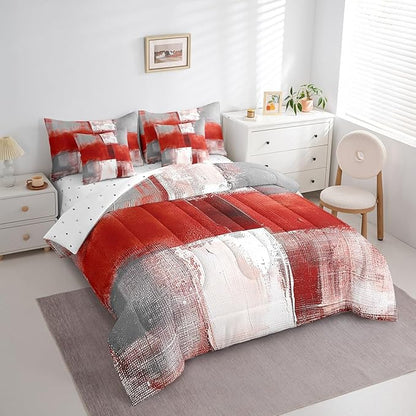 Erosebridal Red White Gray Queen Comforter Set 7pcs Aesthetic Bed in a Bag, Modern Watercolor Bedding Comforter Sets (1 Comforter + 1 Fitted Sheet + 1 Flag Sheet + 2 Pillowcase + 2 Throw Pillow Cover)
