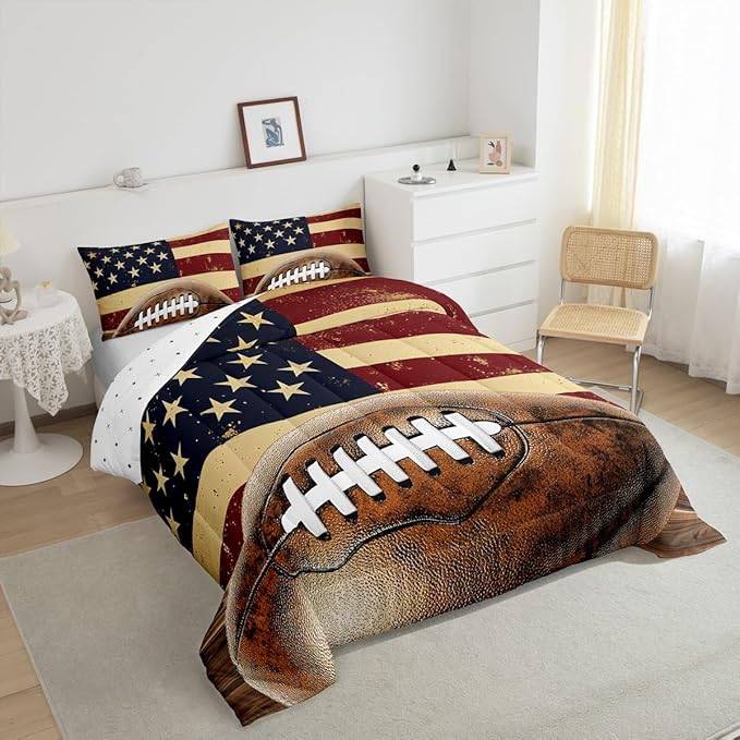 Feelyou Rugby Comforter Set Queen Size Football Comforter for Boys Girls Teens Rugby Sports Bedding Set Gift for Football Lover Duvet Set Room Decor Brown Quilt Set