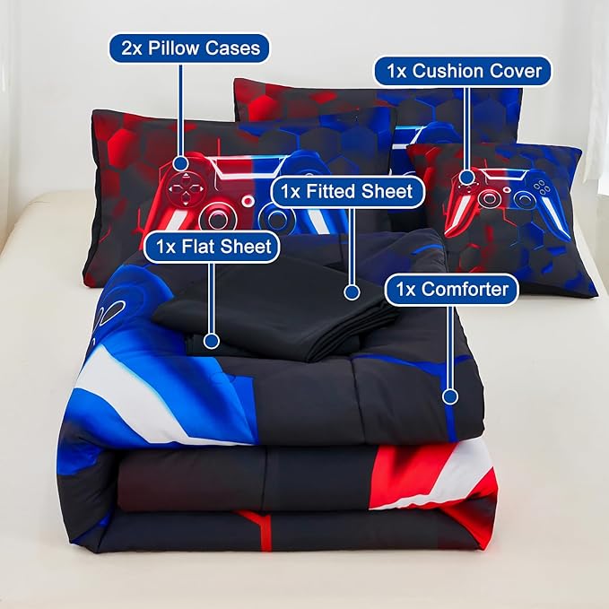 URBONUR 6 Pcs Full Bed in a Bag for Boys Comforter Sets Black Red and Blue Gamer Teen Boy Bedding Set Includes 1 Comforter, 1 Flat Sheet, 1 Fitted Sheet, 2 Pillowcases, 2 Cushion Cover