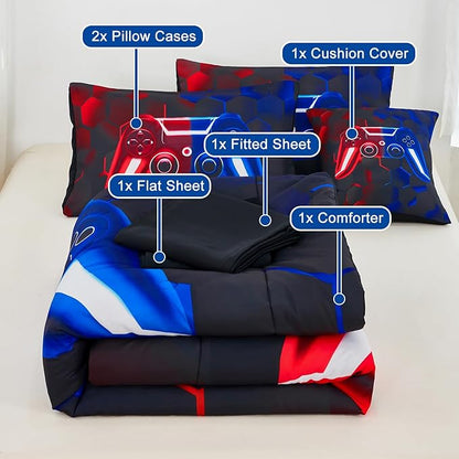 URBONUR 6 Pcs Full Bed in a Bag for Boys Comforter Sets Black Red and Blue Gamer Teen Boy Bedding Set Includes 1 Comforter, 1 Flat Sheet, 1 Fitted Sheet, 2 Pillowcases, 2 Cushion Cover