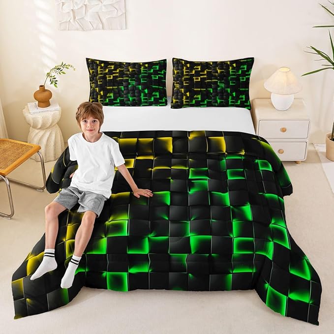 Erosebridal Geometric Checkered Comforter Set King Neon Yellow Green Bedding Set for Kids Boys Teen Gamer Room Decor,Abstract Ombre Plaid Comforter Grids Quilt Duvet Black