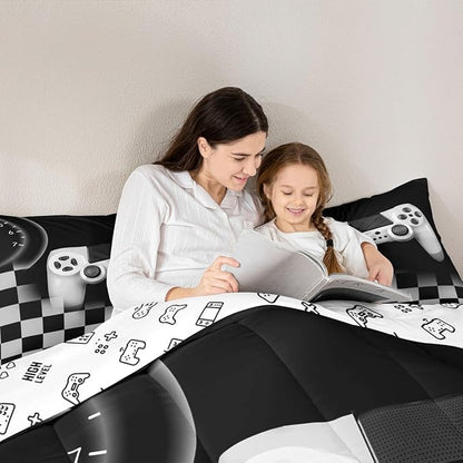 Erosebridal Gaming Alternative Bedding Set for Kids,White Gamepad Design Comforter Set Teenage Boys Room Decor,Buffalo Plaid Check Modern Down Comforter Lightweight Warm,Gamer Decor Duvet Insert Full
