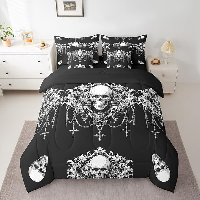 Erosebridal Gothic Bed in a Bag Queen Comforter Set 7 Piece,Goth Sugar Skull Black and White Damask Bedding Set,Bohemian Vintage Floral Comforter and Sheet Set,Exotic Antique Victorian Baroque Decor