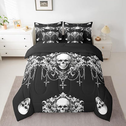 Erosebridal Gothic 7 Piece Comforter Set Full Bed in a Bag,Goth Sugar Skull Black and White Damask Bedding Set,Bohemian Vintage Floral Comforter and Sheet Set,Exotic Antique Victorian Baroque Decor