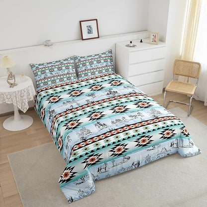 Feelyou Horse Comforter Set for Kids Boys Girls Southwestern Comforter Wild Western Cowboy Buffalo Check Bedding Set Twin Size Bedroom Decor Vinatge Blue Green Duvet Set 2Pcs