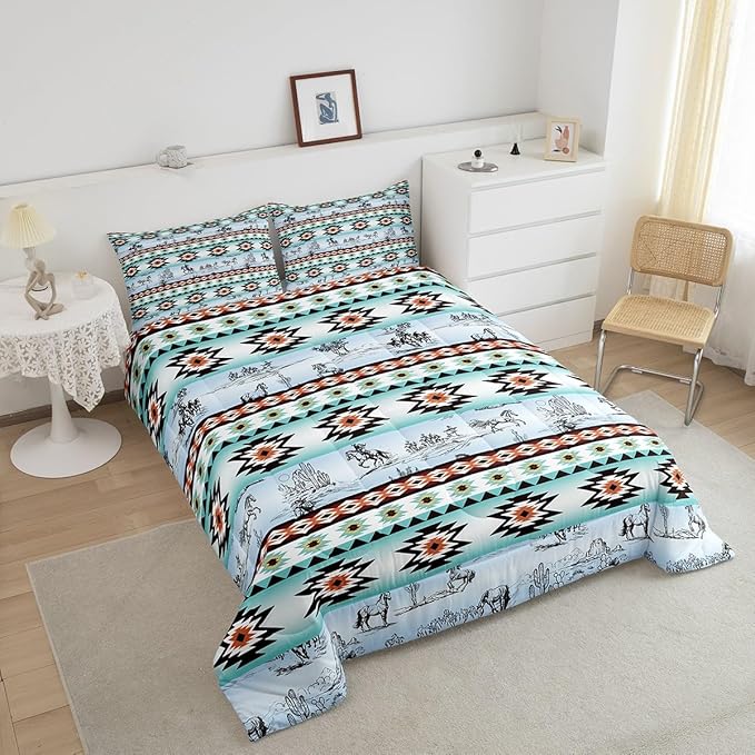Feelyou Horse Comforter Set for Kids Boys Girls Southwestern Comforter Wild Western Cowboy Buffalo Check Bedding Set Full Size Bedroom Decor Vinatge Blue Green Duvet Set 3Pcs