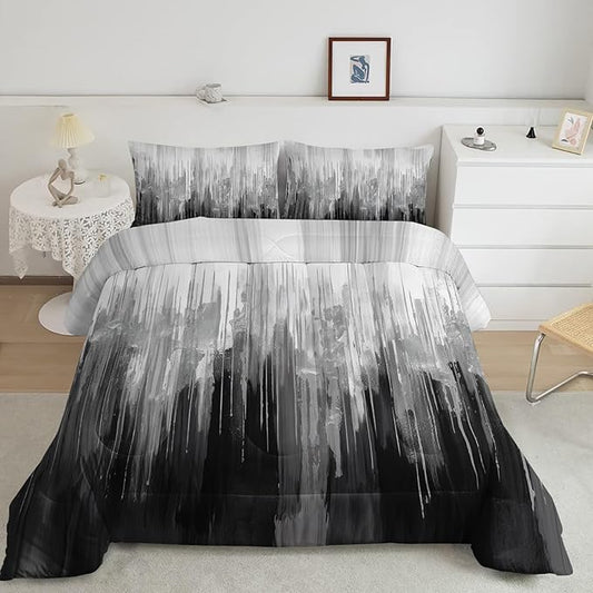 Grey Black White Gradient Print Comforter Set King Size,Abstract Art Bedding Set,Patchwork Printed Quilted Set for Teens Adult,with 1 Comforter and 2 Pillow Case