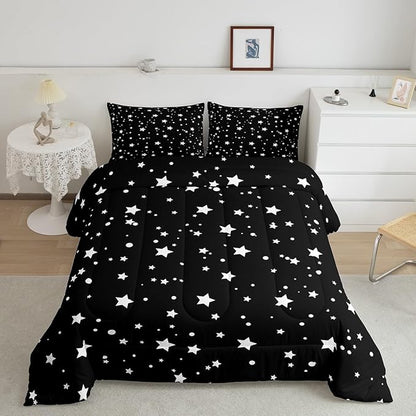 Starry Sky Comforter Set King Size Galaxy Star Bedding Set for Kids Boys Girls, Outer Space Down Comforter, Black and White Geometric Polka Dots Quilt Set Warm Soft Bedroom Decor 2 Pillow Cases