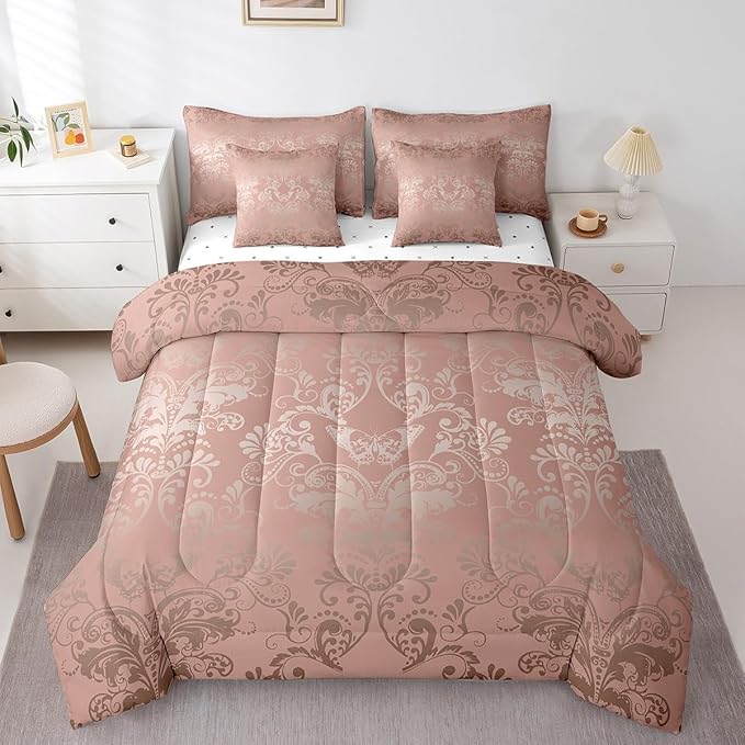 Erosebridal Gothic Damask Bed in a Bag King Size Comforter Set 7 Pieces,Butterfly Skull Bedding Sets Light Pink Victorian Floral Goth Sheet Set with Comforter