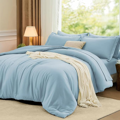 FUANNA Queen Comforter Set Light Blue, 7 Pieces Soft Bedding Sets Queen Size, All Season Lightweight Bed in a Bag with Comforter, Flat Sheet, Fitted Sheet, Pillowcases & Shams