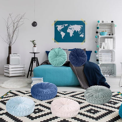 Yerliker 6 Pcs Floor Pillow Cushions 15inch Round Velvet Throw Pillows Colorful Flexible Cushions Alternative Pillows for Couch Chair Living Room Bedroom Home Office Decor(Blue Color)