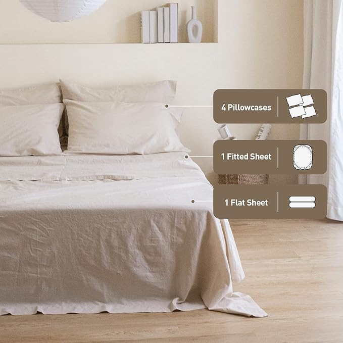 Simple&Opulence Belgian Linen Sheet Set Solid Color - 6 Pieces (1 Flat Sheet & 1 Fitted Sheet & 4 Pillowcases) 16" Deep Pocket Natural Flax Cotton Blended Soft Bedding - Linen, Queen Size