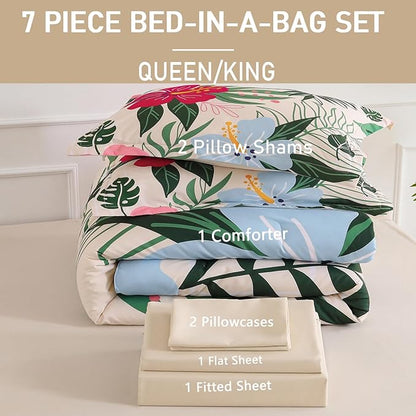 Yogeneg 7 Piece Bed in a Bag Queen Size Comforter Set Beige Bedding Set,Pink Floral Green Leaves Pattern Reversible Design,Soft Microfiber Comforter with Sheet Set,All Season(Beige,Queen)