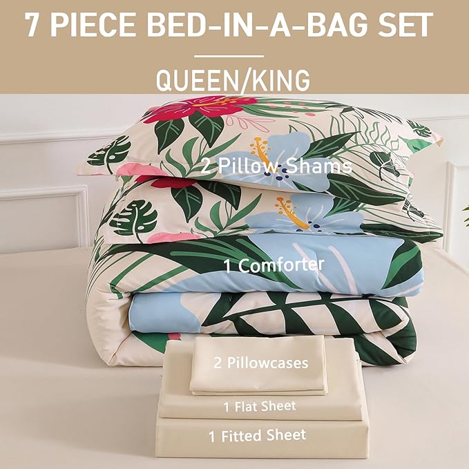 Yogeneg 7 Piece Bed in a Bag King Size Comforter Set Beige Bedding Set,Pink Floral Green Leaves Pattern Reversible Design,Soft Microfiber Comforter with Sheet Set,All Season(Beige,King)